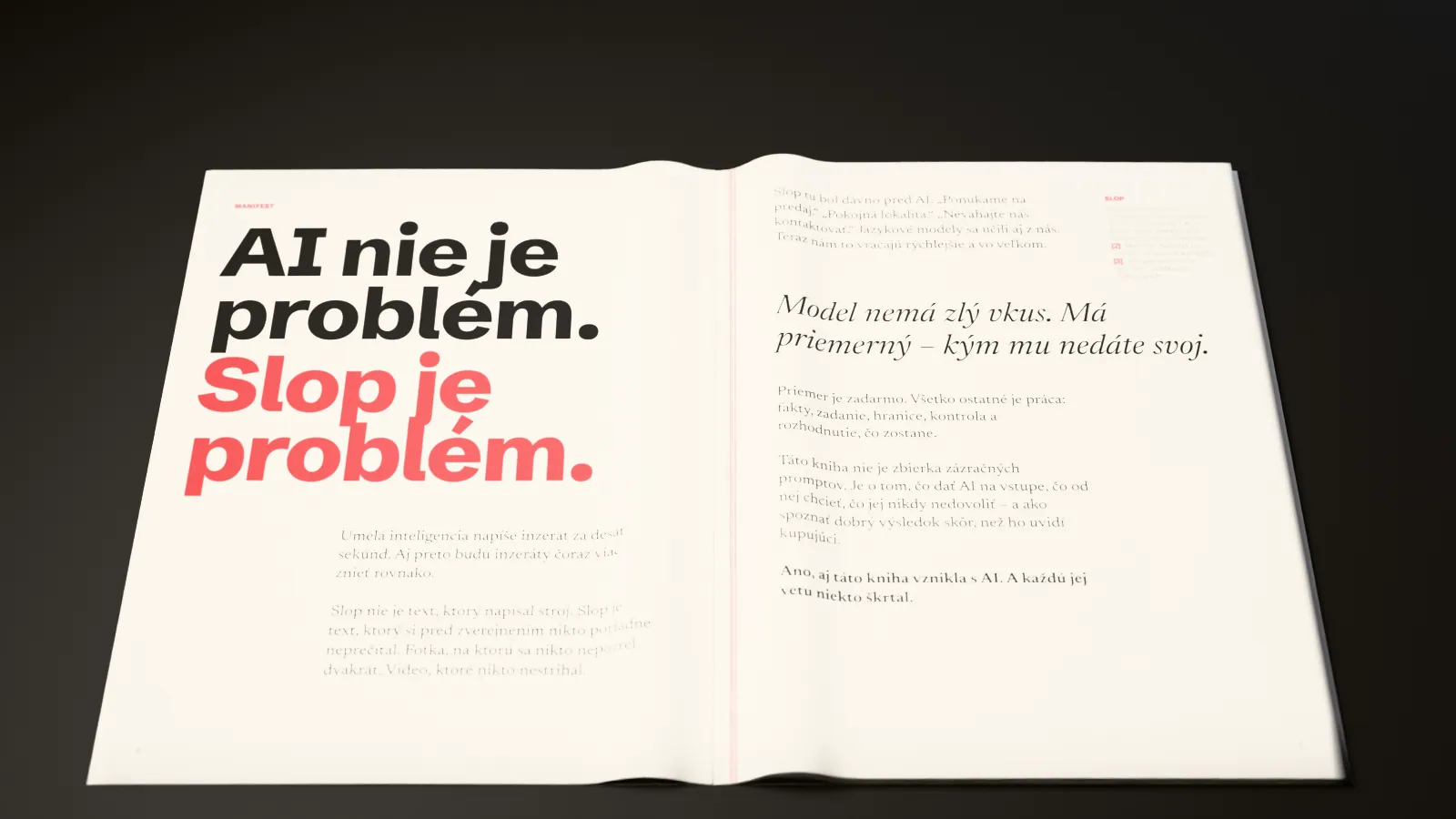 Render of the book open at pages 6–7, the manifesto: “AI nie je problém. Slop je problém.” — AI is not the problem, slop is.