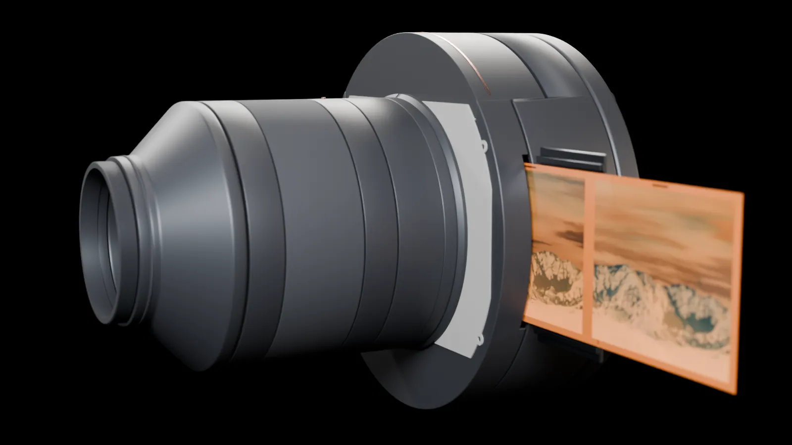 Render of LenScan: a matte black cylindrical scanner with a lens collar on top and a film strip running through its side slot.