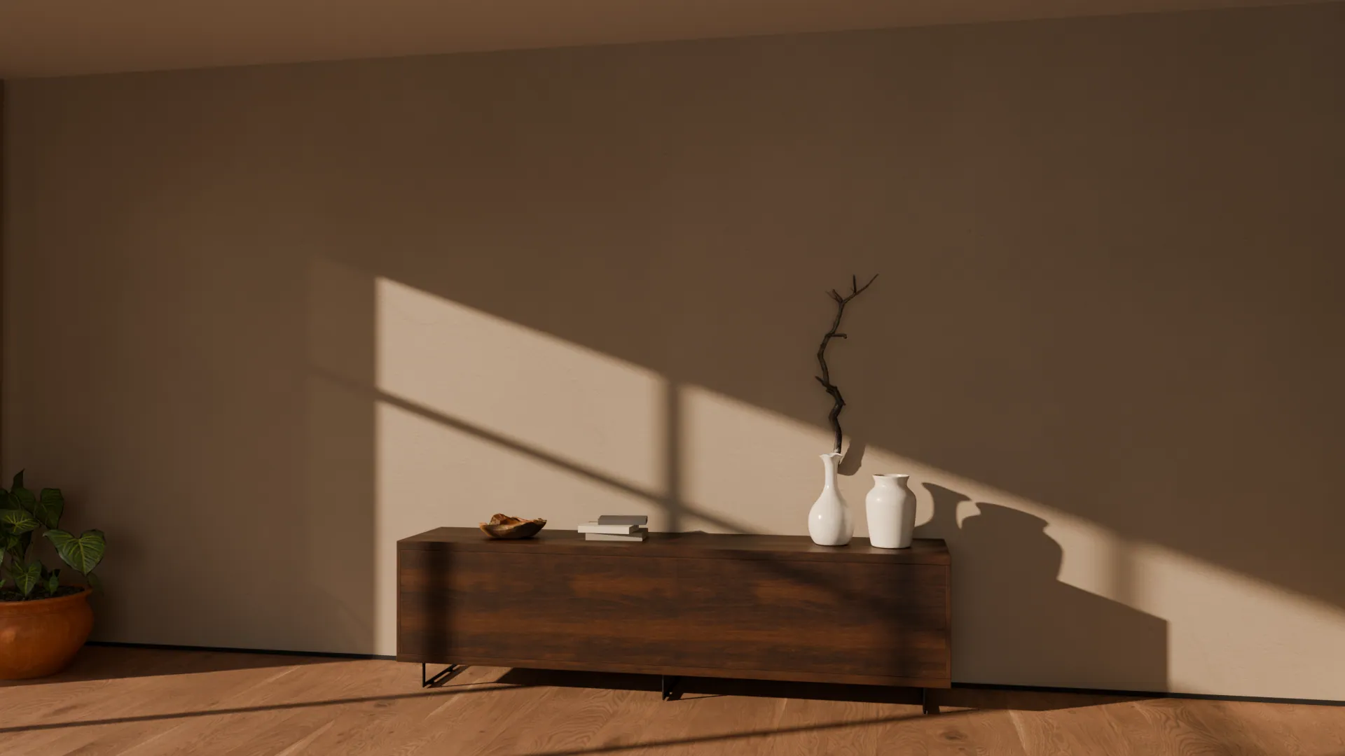A rendered living room in late sun: a limewashed wall, a walnut sideboard with white vases and a dry branch; window light falls across the wall.