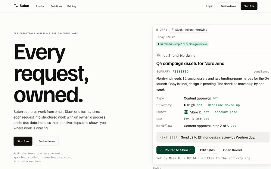 Screenshot. Baton, a web app template for operations: “Every request, owned.” beside a request card routed to a person.