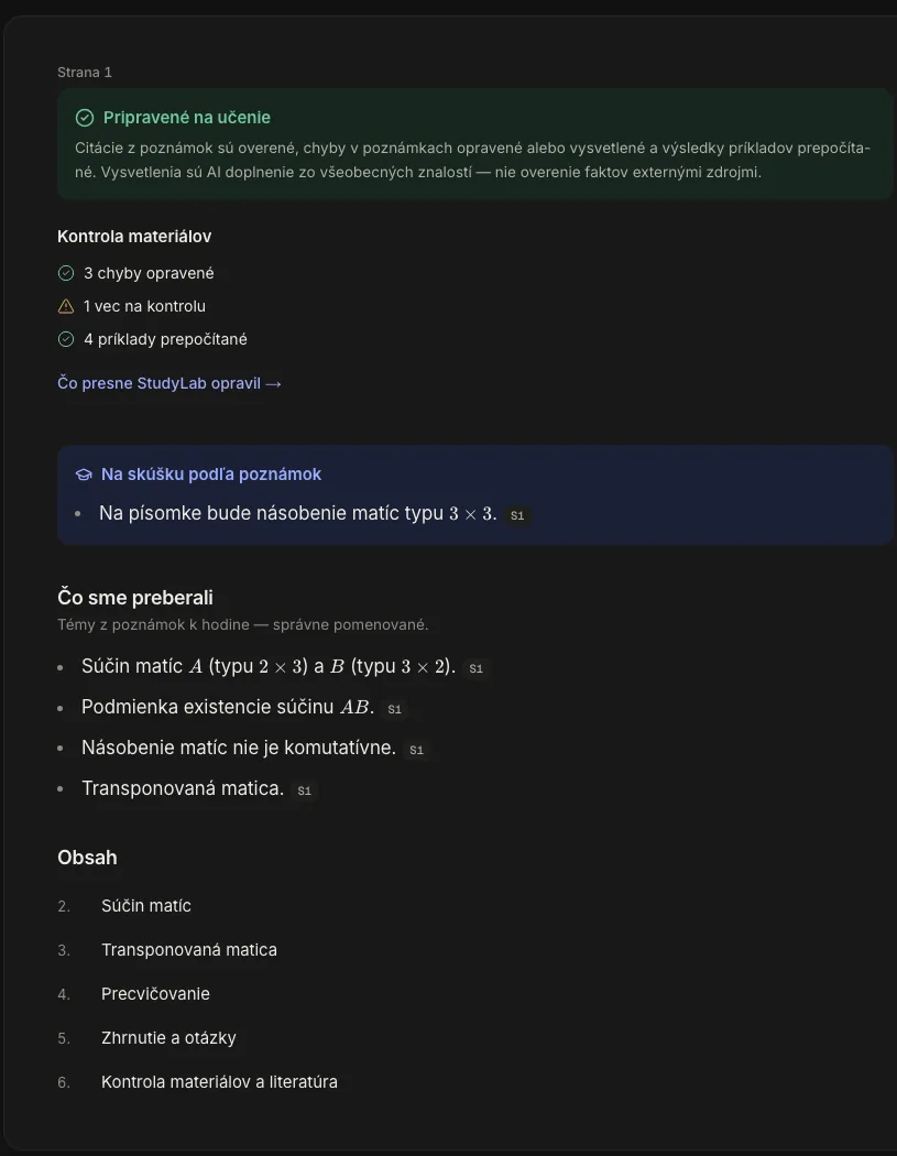 Screenshot. StudyLab, dark: a lesson marked ready to study — quotes from the notes verified, three errors corrected, four examples recomputed.