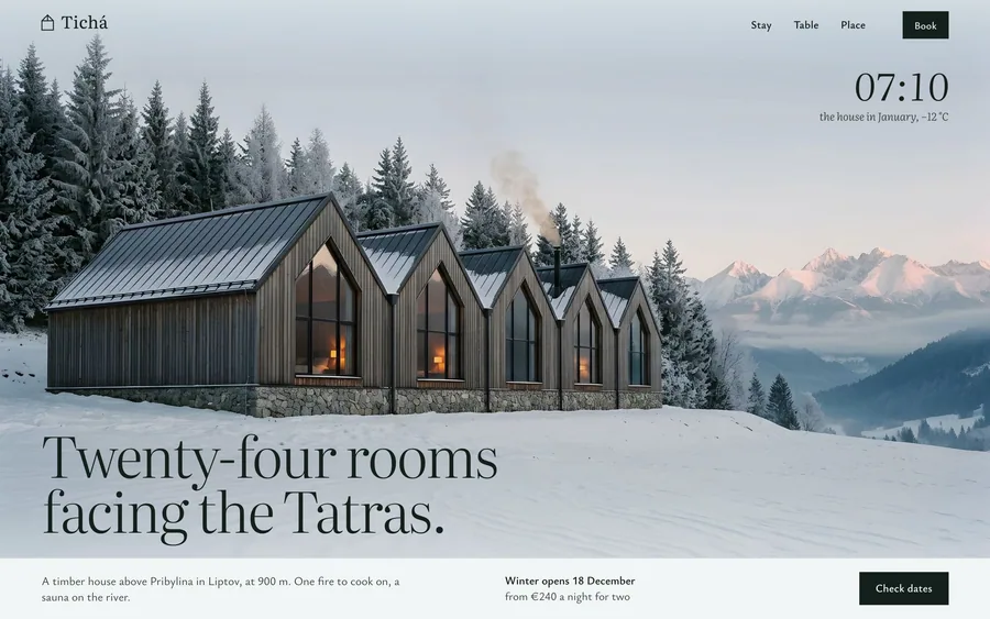 Screenshot. Tichá, a hospitality website template: a row of timber houses in snow under the Tatras (generated concept images), “Twenty-four rooms facing the Tatras.”
